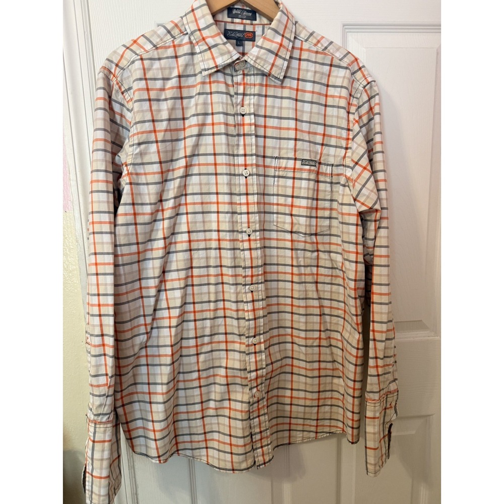 Y2K Ecko Unltd Mens Plaid Shirt Size L Button White Brown Orange Short Sleeve